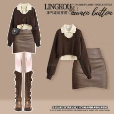 批发大码<b class='q'>秋</b>季复古套装女超漂亮减龄毛衣打底衫搭配绝美御姐皮裙三件套