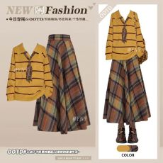 批发美式英伦风条纹毛衣格纹半身裙两件套女装入冬设计感百搭气质套装