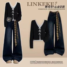 批发<b class='q'>秋</b>冬季一整套轻熟风新款穿搭假两件上衣搭配复古修身阔腿裤两件套