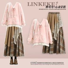 批发辣妹风女装<b class='q'>秋</b>冬季千金感v领针织毛衣搭波西米亚风半身裙时尚套装