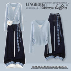 批发大码<b class='q'>秋</b>季韩系套装女减龄气质假两件针织上衣高腰复古牛仔裤两件套