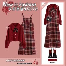批发新年衣服女学院风背带裙子女早<b class='q'>秋</b>2025蛇年红色毛衣连衣裙过年套装