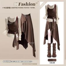 批发美拉德复古假两件拼接针织衫吊带女冬季废土风不规则半身裙三件套