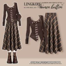 批发复古格纹套装女冬季巨好看的爆款氛围感咖色针织衫叠穿半身裙穿搭