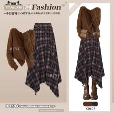 批发<b class='q'>秋</b>冬季针织开衫女欧货高端软糯宽松毛衣外套废土不规则格子半身裙