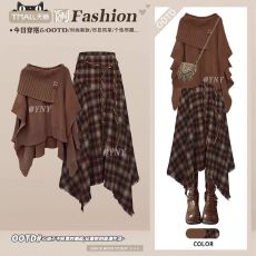 批发<b class='q'>秋</b>冬季独特别致套装女设计感不规则披肩毛衣搭配格纹半身裙两件套