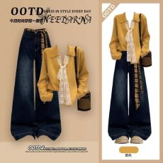 批发<b class='q'>秋</b>冬穿搭一整套女2025新款韩系减龄针织衫配显瘦气质牛仔裤两件套