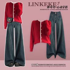 批发设计感女装<b class='q'>秋</b>冬季通勤圆领针织衫花边小众上衣搭休闲高腰阔腿裤