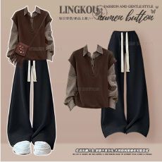 批发大码<b class='q'>秋</b>季休闲套装女复古拼接假两件针织衬衫搭配显瘦阔腿裤两件套