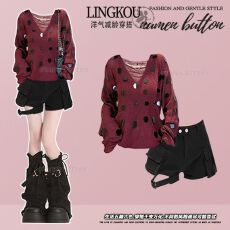 批发<b class='q'>秋</b>季一整套洋气设计感穿搭亮片针织上衣长袖搭显瘦牛仔短裤两件套