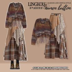 批发大码<b class='q'>秋</b>季美拉德套装女减龄V领针织开衫搭配蕾丝格子半身裙两件套