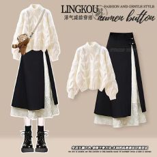 批发大码<b class='q'>秋</b>季学院风套装女温柔减龄针织毛衣搭配高腰拼接半身裙两件套