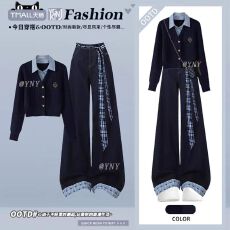 批发美式学院风条纹假两件针织高腰阔腿拖地裤套装减龄高级感冬季穿搭