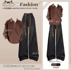 批发美式休闲风撞色针织上衣牛仔阔腿裤套装冬季显瘦小个子穿搭两件套