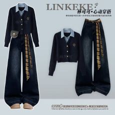 批发<b class='q'>秋</b>冬学院风减龄穿搭韩系假两件针织衫搭复古显瘦阔腿牛仔裤两件套