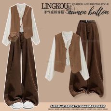 批发大码<b class='q'>秋</b>季美拉德套装女小众不撞款马甲搭衬衫显瘦复古休闲裤三件套