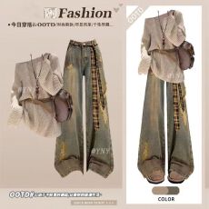 批发慵懒风冬季韩系穿搭高级感露肩针织毛衣女罩衫上衣破洞牛仔裤套装