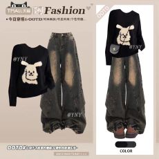 批发<b class='q'>秋</b>季美式阔腿裤套装女圆领撞色兔子印花针织毛衣高腰牛仔裤两件套