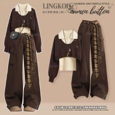 批发大码<b class='q'>秋</b>季气质套装女高级感减龄针织衫打底背心搭显瘦工装裤三件套