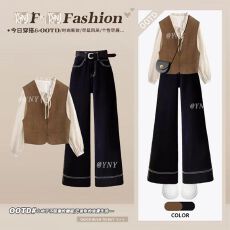 批发<b class='q'>秋</b>季轻熟文艺风穿搭复古马甲叠穿雪纺衫高腰显瘦阔腿牛仔裤三件套