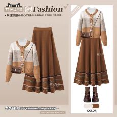 批发韩系撞色条纹毛衣外套<b class='q'>秋</b>冬复古针织衫美拉德民族风a字大摆半身裙