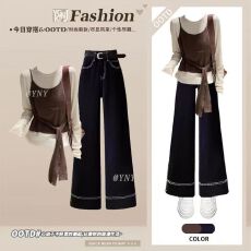 批发韩系复古套装女2025年冬季针织内搭上衣咖色背心直筒牛仔裤三件套