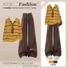 批发冬季巨好看的美拉德风一整套穿搭复古条纹针织衫阔腿裤百搭两件套