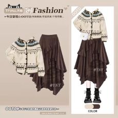 批发法式复古费尔岛提花连帽毛衣女宽松慵懒针织<b class='q'>秋</b>季不规则半身裙套装