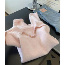 批发小个子韩系粉色polo领针织衫女<b class='q'>秋</b>冬高级感慵懒风甜美轻奢显瘦上衣