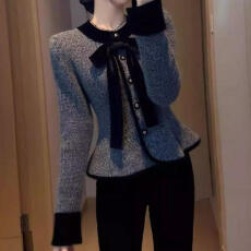 批发灰色毛衣外套2025冬季新款气质名媛独特超好看蝴蝶结领收腰短上衣