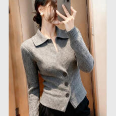 批发小个子韩版时尚灰色翻领针织衫女<b class='q'>秋</b>冬轻熟风新款小众修身显瘦上衣