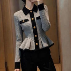 批发灰色拼接毛衣女<b class='q'>秋</b>冬季巨好看轻熟气质小众不撞款掐腰撞色针织外套