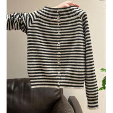 批发韩系撞色条纹一字肩针织开衫女2025秋冬季打底衫内搭宽松长袖上衣