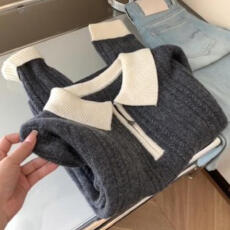 批发复古休闲撞色拼接polo领毛衣女秋冬气质简约百搭显瘦短款针织上衣