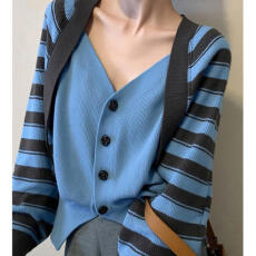 批发大码法式条纹假两件针织开衫女秋冬高级感百搭时髦显瘦长袖上衣潮