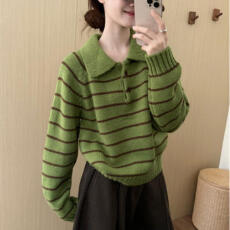 批发高级复古POLO领条纹毛衣2025秋季新款气质百搭显瘦宽松上衣小衫女