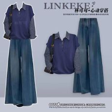 批发秋季学院风一整套韩系套装女设计感显瘦上衣搭配宽松<b class='q'>牛仔</b>裤两件套