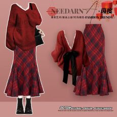 批发秋季套装女2025年新款韩系蝴蝶结针织衫毛衣显瘦百搭鱼尾裙两件套