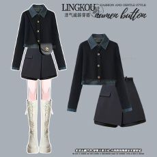 批发大码秋季气质套装女宽松减龄假两件针织衫高腰显瘦休闲裙裤两件套