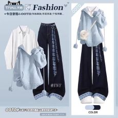 批发减龄气质学院风毛衣套装女冬季新款松弛感穿搭针织衫<b class='q'>牛仔</b>裤两件套