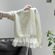 批发韩系慵懒风加厚长袖针织衫女2025秋冬季蕾丝拼接圆领套头毛衣上衣