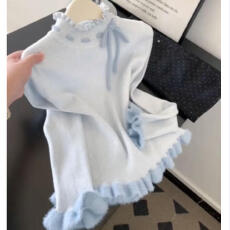 批发小个子木耳边半高领蓝色针织衫女秋冬季高级感新款显瘦长袖上衣潮