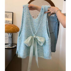 批发韩系蝴蝶结V领绑带针织马甲女秋冬新款叠穿高级感氛围感背心上衣