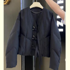 批发洋气黑色V领棉衣短款外套2025年冬装新款小个子宽松显瘦棉服女装