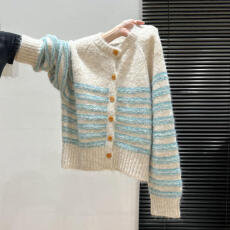 批发韩系条纹撞色圆领长袖开衫毛衣女秋季大码宽松显瘦休闲设计感上衣