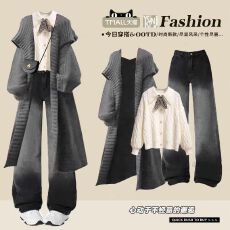 批发学院风针织开衫灰色套装女秋冬长袖毛衣外套<b class='q'>牛仔</b>裤时尚搭配三件套