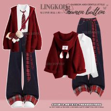 批发<b class='q'>大码</b>秋季韩系套装女学院风红色针织外套打底衬衫复古牛仔裤三件套