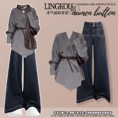 批发<b class='q'>通勤</b>风职业穿搭女宽松复古收腰V领针织衫阔腿直筒牛仔裤套装冬季