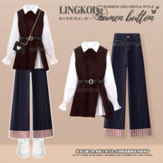 批发大码秋季轻熟风套装女减龄针织马甲打底衫搭高腰显瘦<b class='q'>牛仔</b>裤三件套