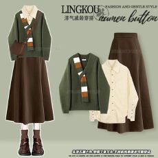 批发大码秋季绝美套装女学院风减龄毛衣打底衫搭高腰显瘦半身裙三件套